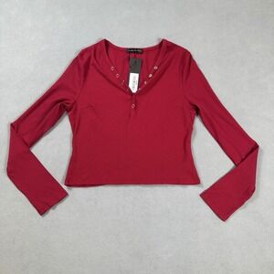 S.DEER Henley Crop Top Womens XL Ribbed Burgundy Long Sleeve Button Front NWT